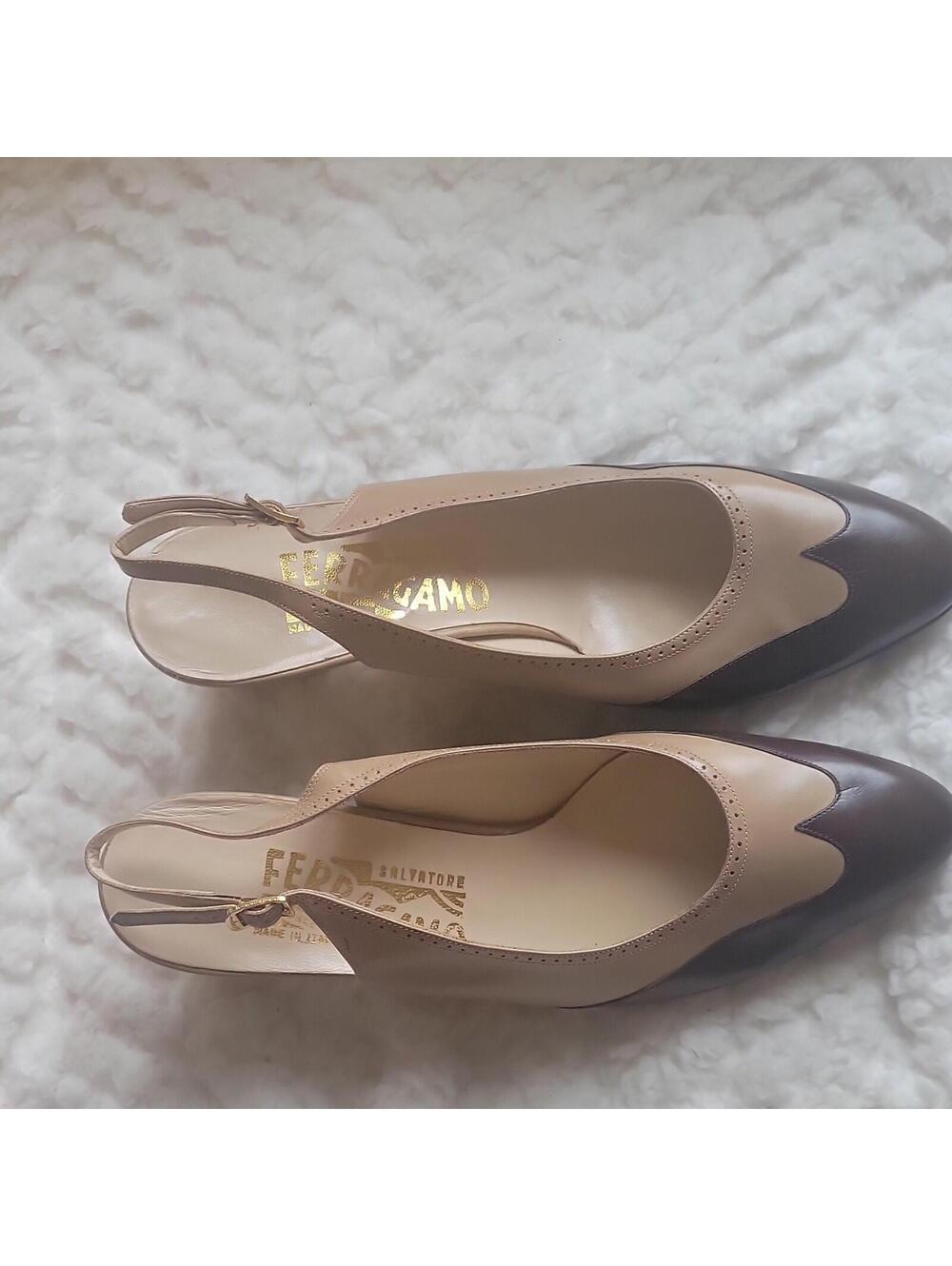 Salvatore Ferragamo Beige Brown Leather Pointed Toe Slingback Heels US 7 ITALY - Picture 2 of 9
